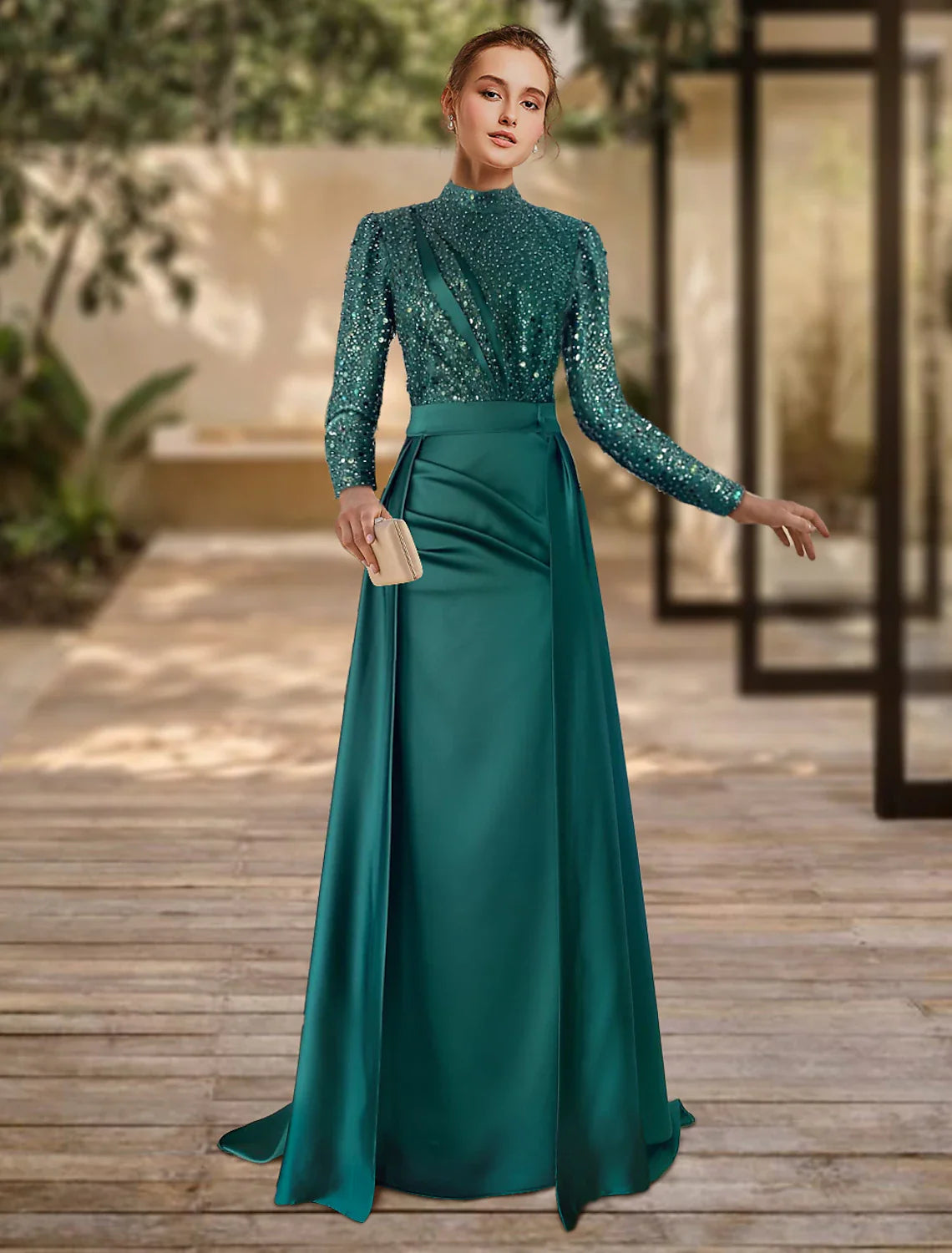 Evening Gown Christmas Red Green Dress Formal Sweep / Brush Train Long Sleeve Jewel Neck Satin with Pleats Ruched Sequin