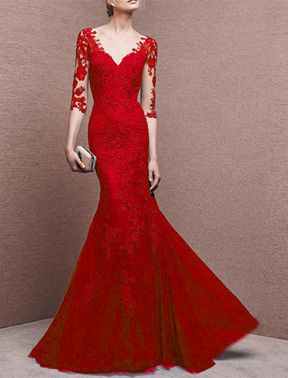 Mermaid / Trumpet Prom Gown Elegant Dress Formal Wedding Guest Floor Length Half Sleeve V Neck Tulle