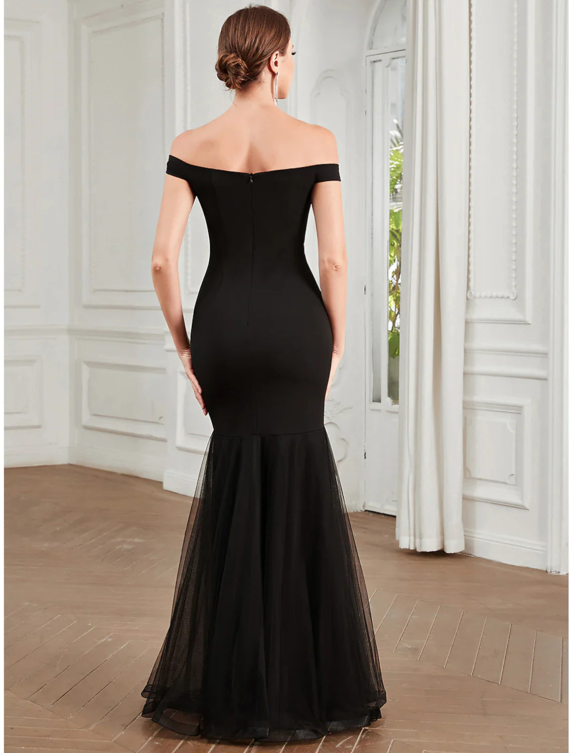 Evening Gown Elegant Dress Party Wear Floor Length Sleeveless Off Shoulder Polyester with Pleats