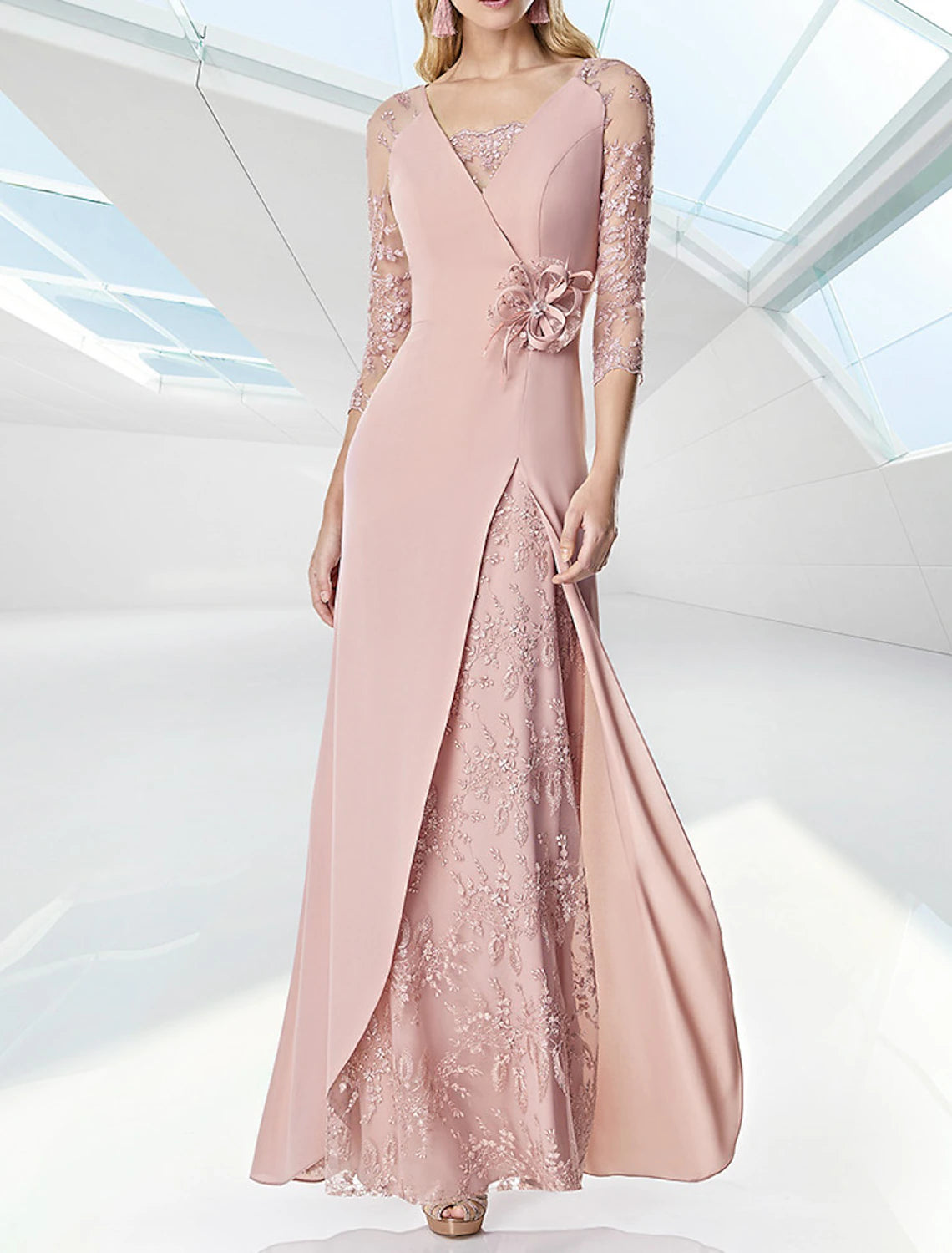 A-Line Prom Gown Elegant Dress Formal Floor Length 3/4 Length Sleeve V Neck Fall Wedding Guest Chiffon