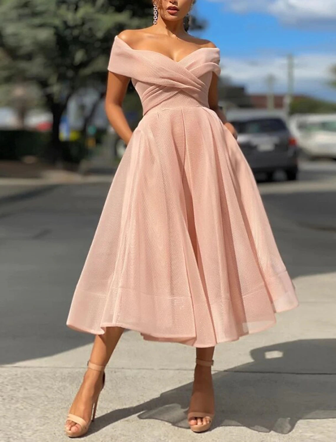 A-Line Prom Dresses Vintage Dress Wedding Guest Summer Tea Length Sleeveless Off Shoulder Organza Backless