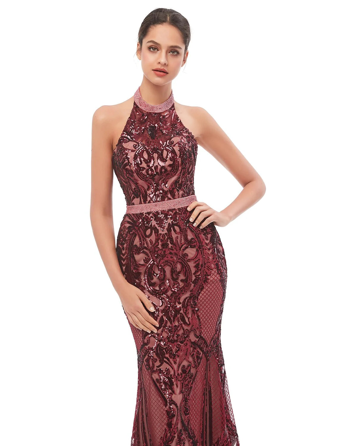 Evening Gown Beautiful Back Dress Prom Floor Length Sleeveless Halter Sequined with Sequin