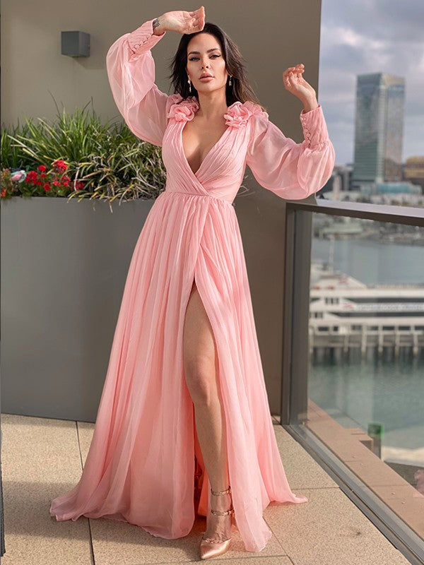Chiffon Ruffles V-neck Long Sleeves Sweep/Brush Train Dresses