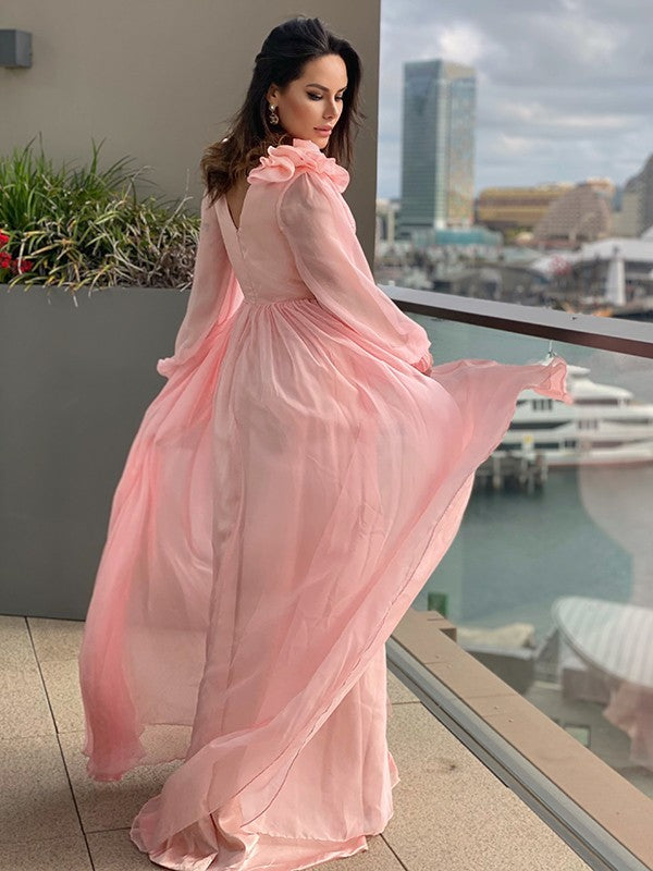 Chiffon Ruffles V-neck Long Sleeves Sweep/Brush Train Dresses