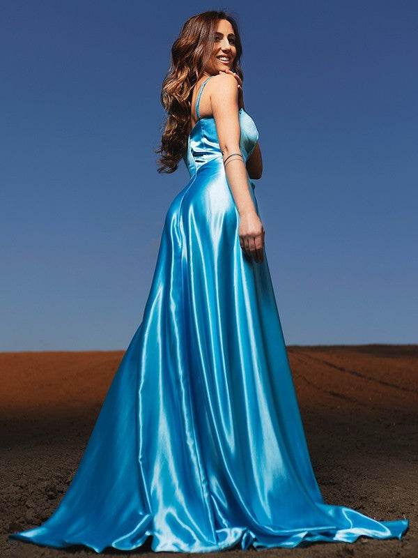 Satin Ruffles Spaghetti Straps Sleeveless Sweep/Brush Train Dresses