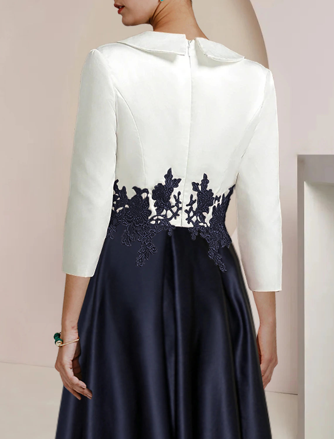 A-Line Mother of the Bride Dress Formal Wedding Guest Elegant High Low Shirt Collar Asymmetrical Tea Length Satin Lace 3/4 Length Sleeve