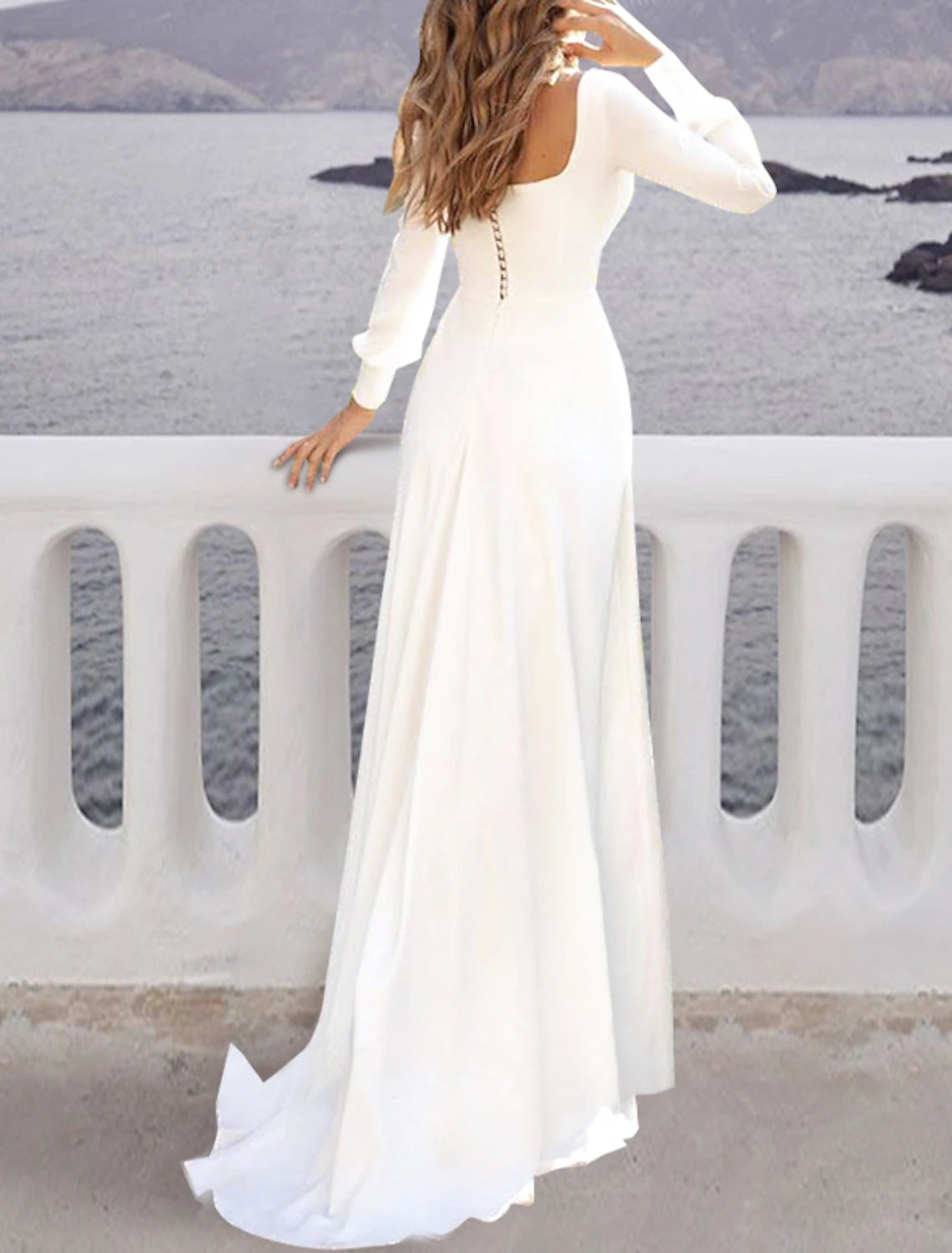 Beach Simple Wedding Dresses A-Line Square Neck Long Sleeve Sweep / Brush Train Chiffon Bridal Gowns