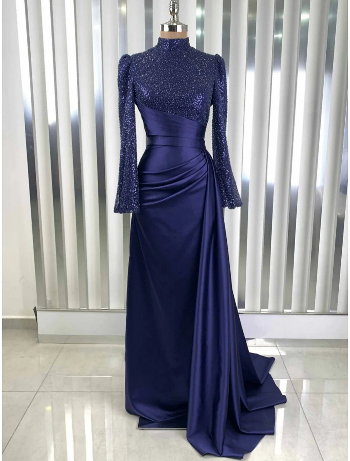 Evening Gown Champagne Christmas Elegant Dress Formal Sweep / Brush Train Long Sleeve High Neck Satin with Glitter Pleats Ruched