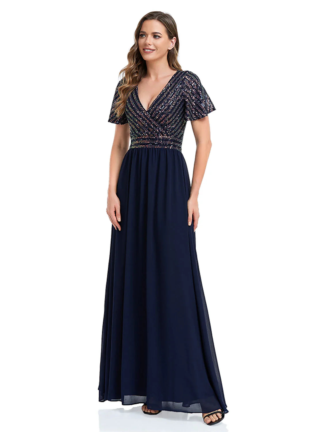 Evening Gown Elegant Dress Christmas Floor Length Short Sleeve V Neck Sequined with Sequin