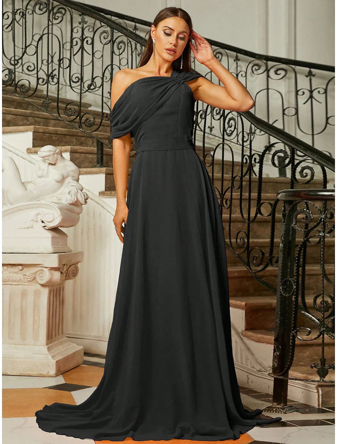 Evening Gown Elegant Dress Formal Wedding Guest Sweep / Brush Train Short Sleeve One Shoulder Stretch Fabric with Pleats Ruched