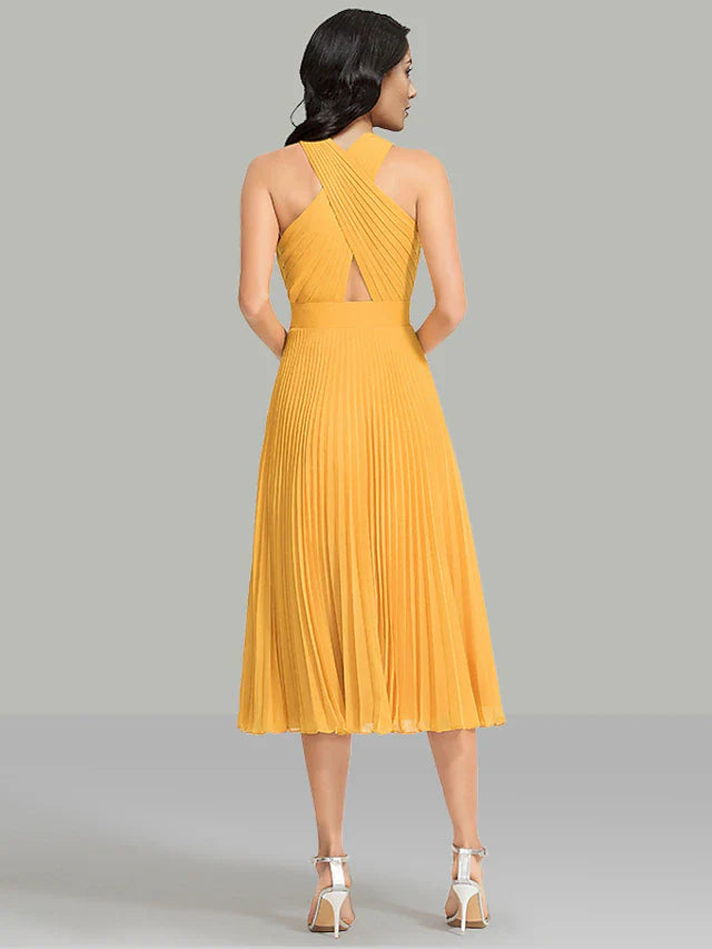 Cocktail Party Tea Length Sleeveless Halter Chiffon with Ruched