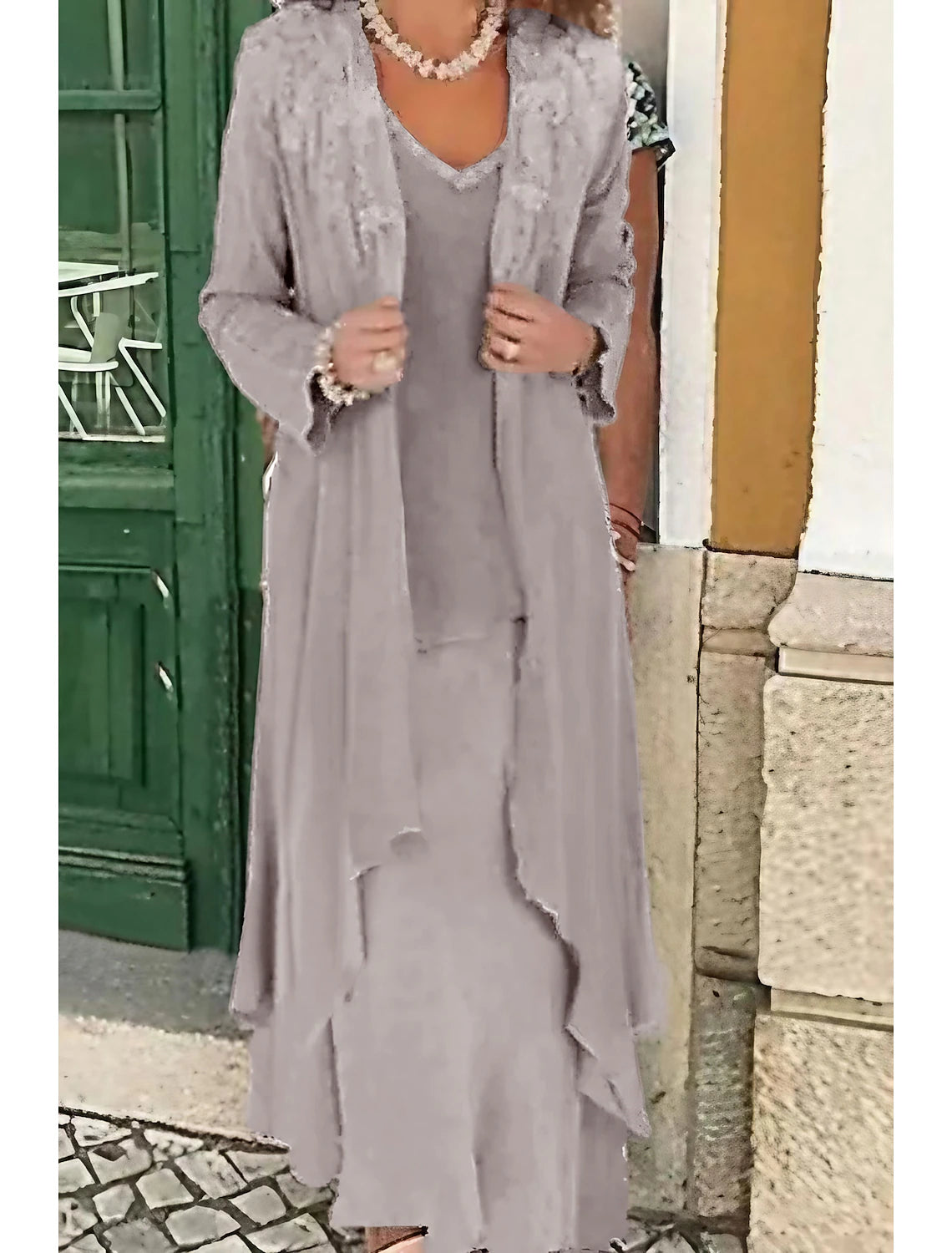 Two Piece A-Line Mother of the Bride Dress Formal Wedding Guest Elegant Plus Size Casual V Neck Floor Length Lace Linen Cotton Blend Sleeveless Jacket Dresses