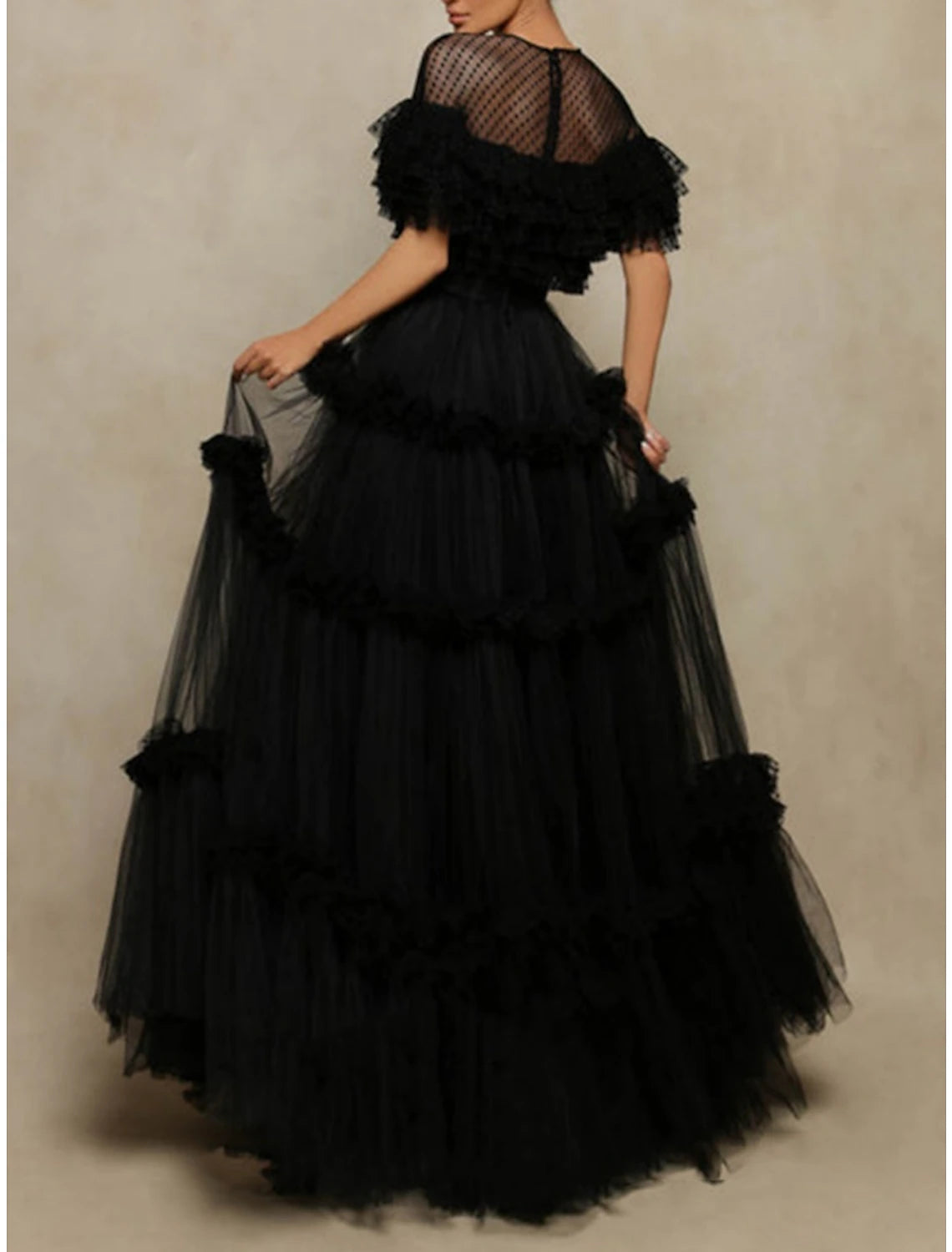 A-Line Prom Dresses Elegant Dress Formal Floor Length Short Sleeve Jewel Neck Tulle