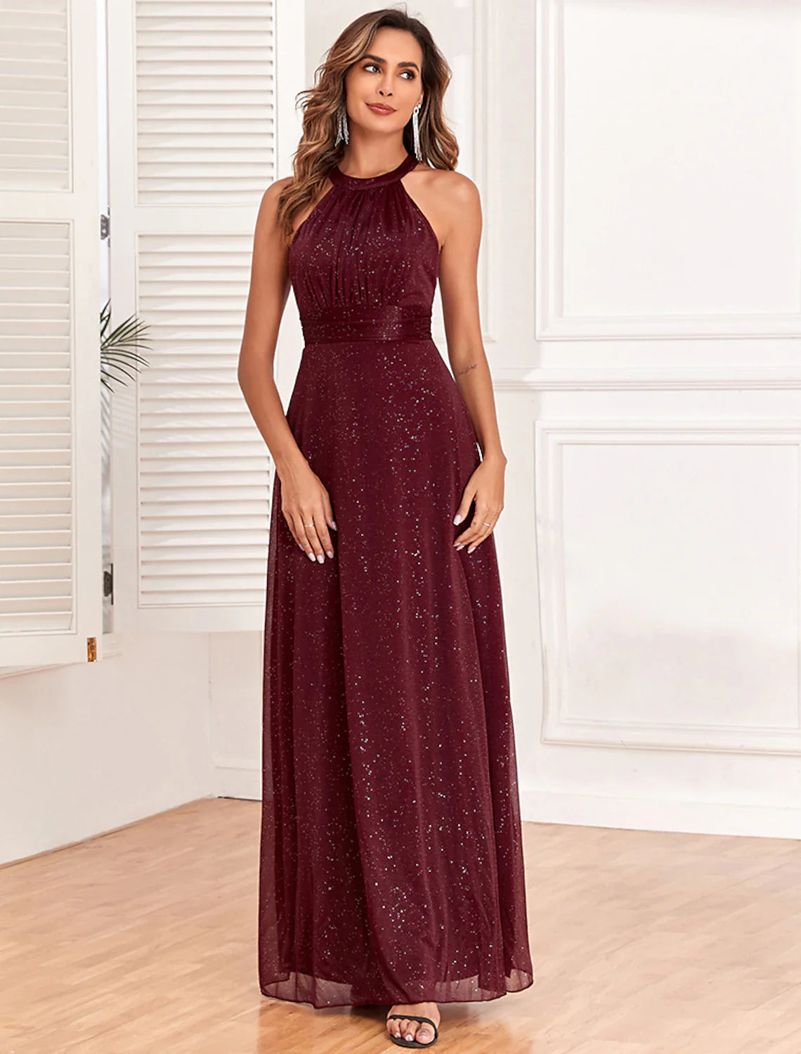Evening Gown Empire Dress Evening Party Dress Wedding Reception Floor Length Sleeveless Halter Neck Polyester Backless V Back with Glitter
