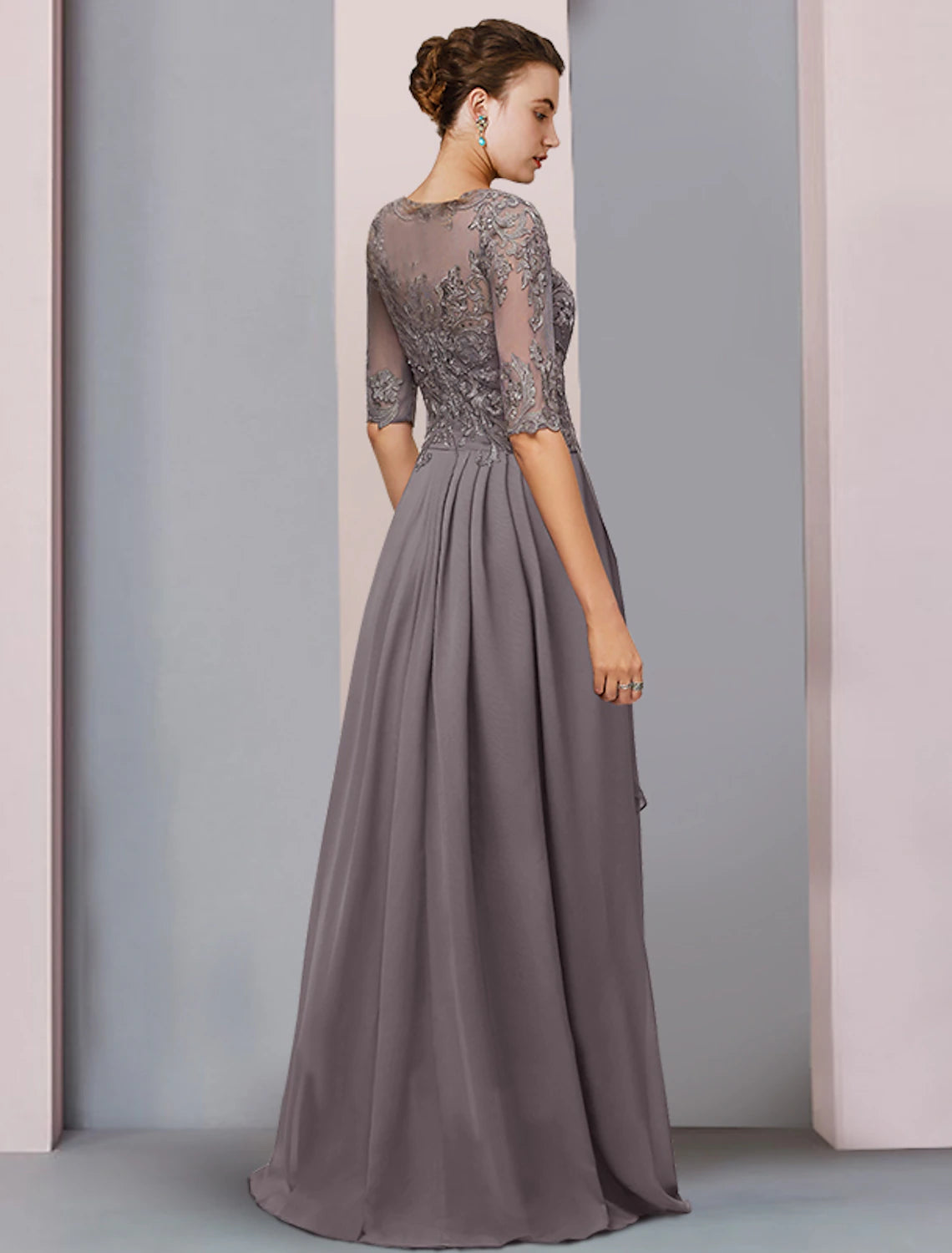 Sheath / Column Mother of the Bride Dress Wedding Guest Elegant Party Scoop Neck Asymmetrical Chiffon Lace Half Sleeve