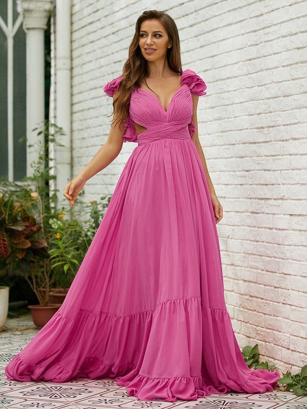 Chiffon Ruffles V-neck Sleeveless Sweep/Brush Train Dresses