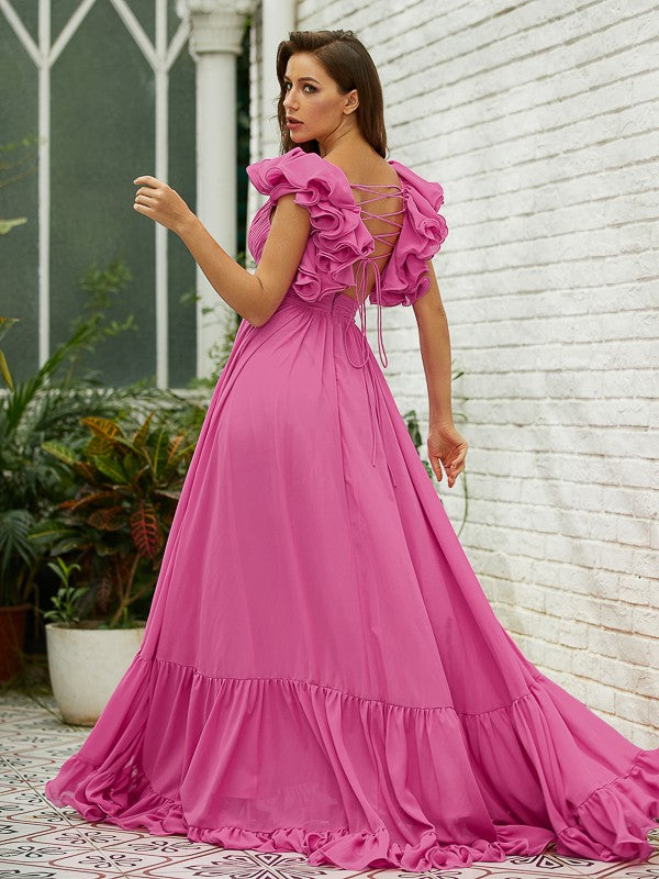 Chiffon Ruffles V-neck Sleeveless Sweep/Brush Train Dresses