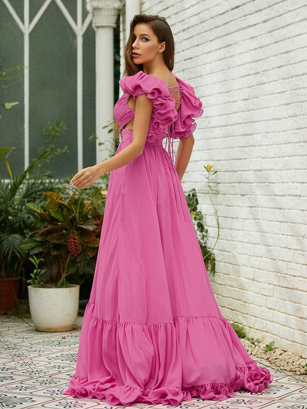 Chiffon Ruffles V-neck Sleeveless Sweep/Brush Train Dresses