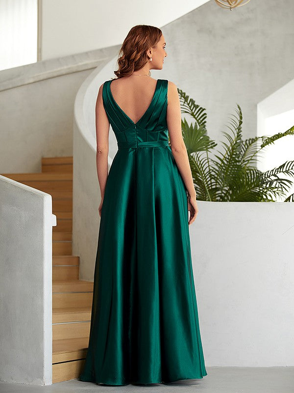 Satin Ruched V-neck Sleeveless Floor-Length Dresses