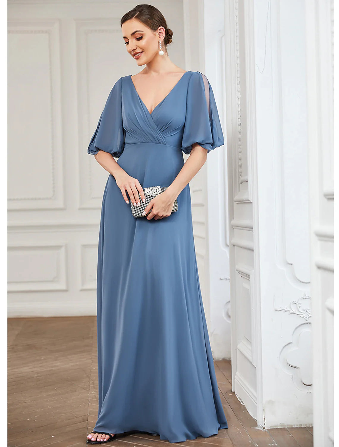 Evening Gown Minimalist Dress Wedding Guest Prom Floor Length Half Sleeve V Neck Chiffon with Pleats