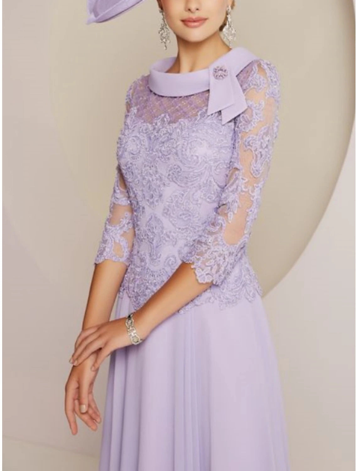 Sheath / Column Mother of the Bride Dress Wedding Guest Party Sweet Scoop Neck Tea Length Chiffon Lace 3/4 Length Sleeve