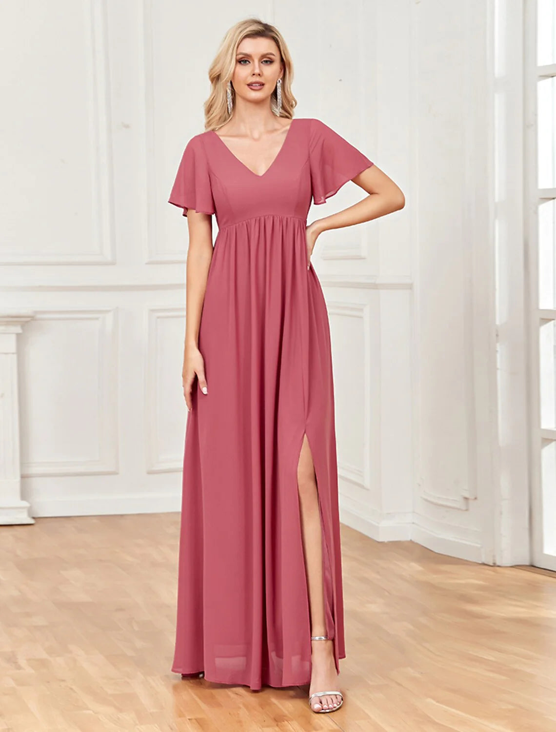 Evening Gown Empire Dress Party Wear Floor Length Short Sleeve V Neck Chiffon V Back with Slit