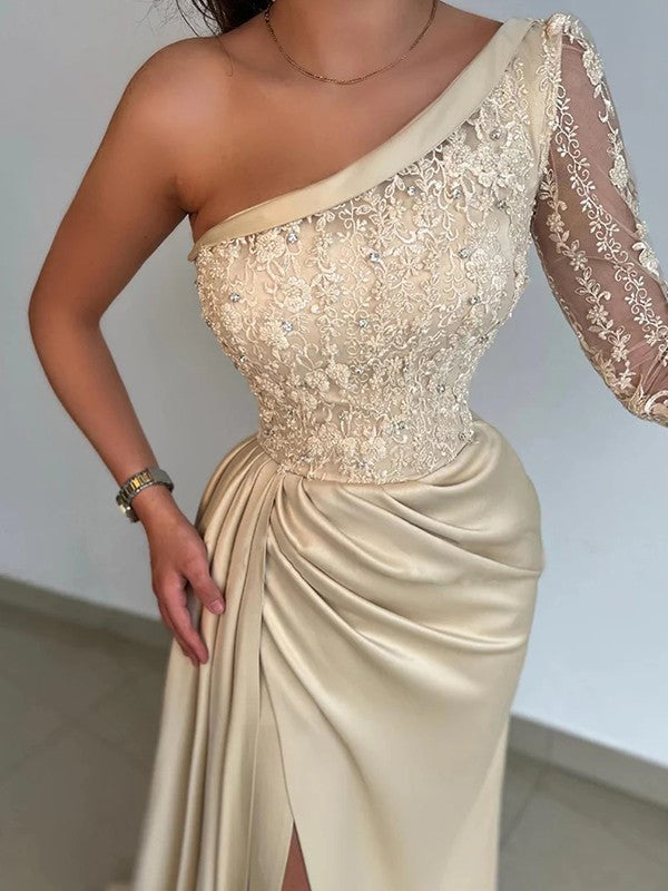 Woven Satin Lace One-Shoulder Long Sleeves Sweep/Brush Train Dresses