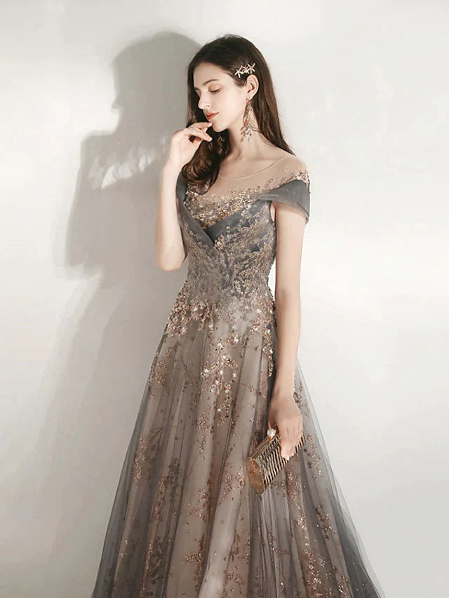 A-Line Bridesmaid Dress Jewel Neck Short Sleeve Beautiful Back Floor Length Tulle with Crystals Bandage