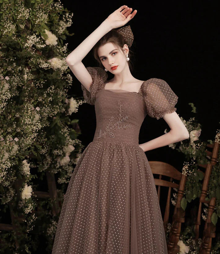 Pretty Tulle Short Sleeves Floor Length Prom Dress
