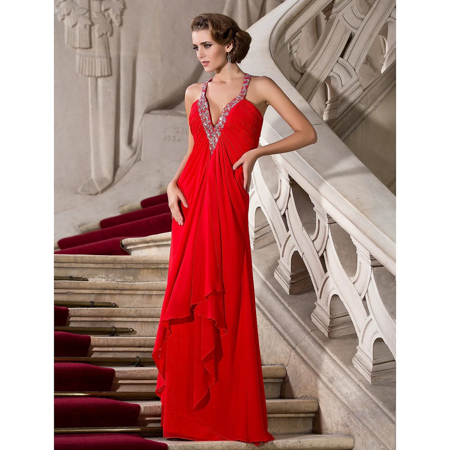 Evening Floor Length Sleeveless Plunging Neck Chiffon with Beading