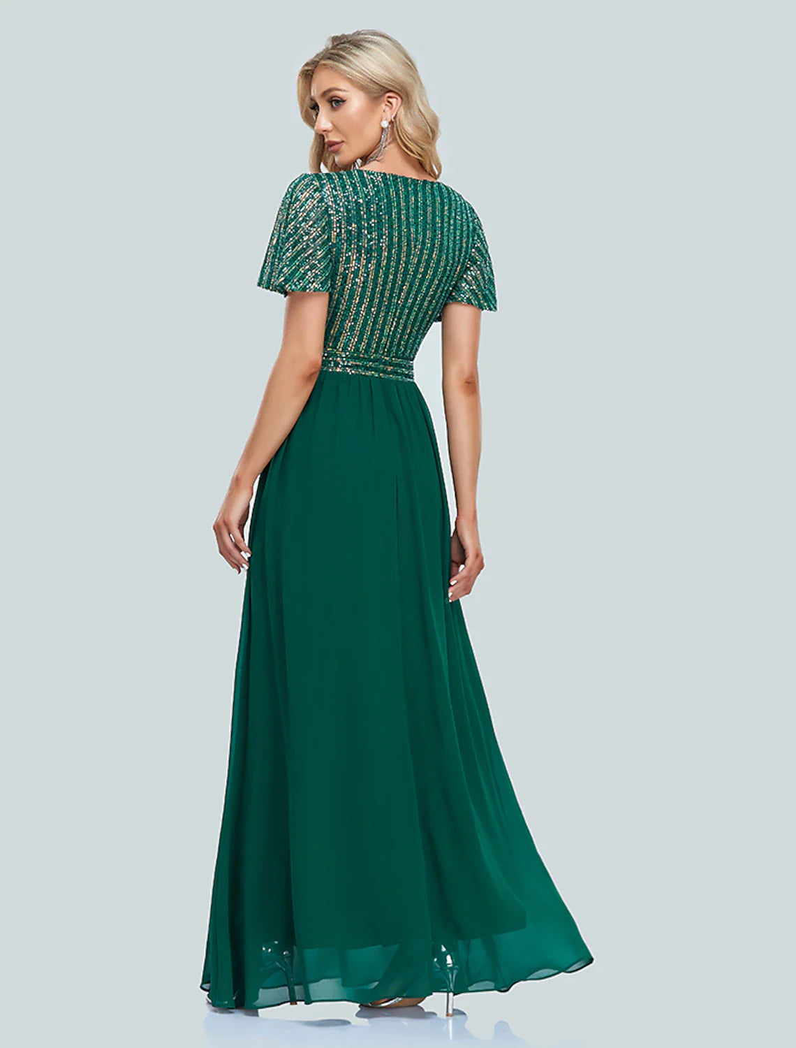 Evening Gown Elegant Dress Christmas Floor Length Short Sleeve V Neck Sequined with Sequin