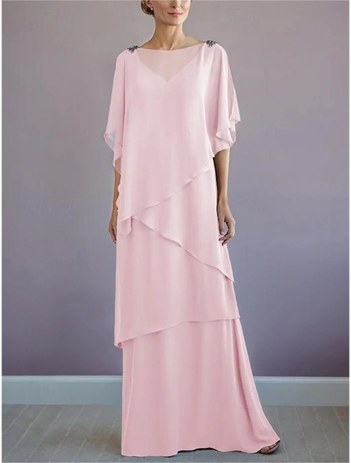 A-Line Mother of the Bride Dress Formal Wedding Guest Elegant Bateau Neck Floor Length Chiffon Half Sleeve