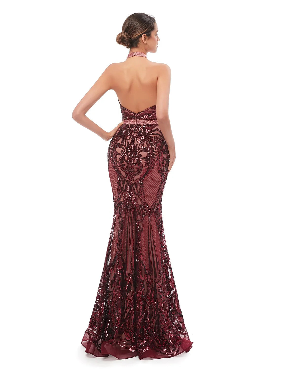 Evening Gown Beautiful Back Dress Prom Floor Length Sleeveless Halter Sequined with Sequin