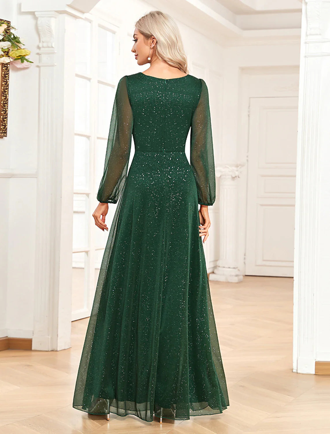 Evening Gown Elegant Dress Formal Floor Length Long Sleeve V Neck Chiffon with Sequin