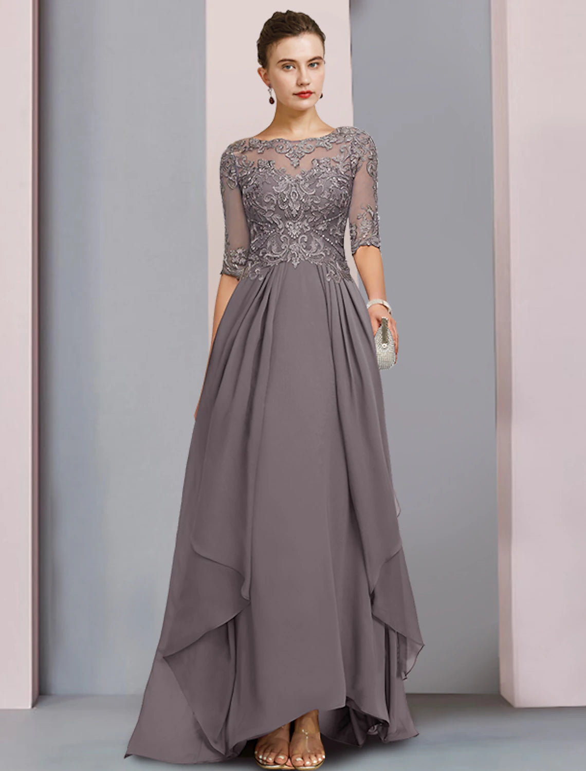 Sheath / Column Mother of the Bride Dress Wedding Guest Elegant Party Scoop Neck Asymmetrical Chiffon Lace Half Sleeve
