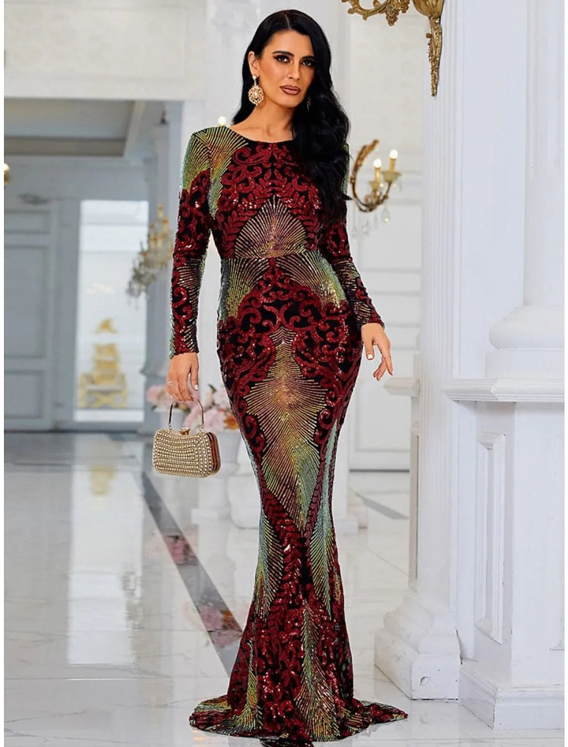 Evening Gown Elegant Dress Formal Sweep / Brush Train Long Sleeve Scoop Neck Sequined with Glitter Pleats