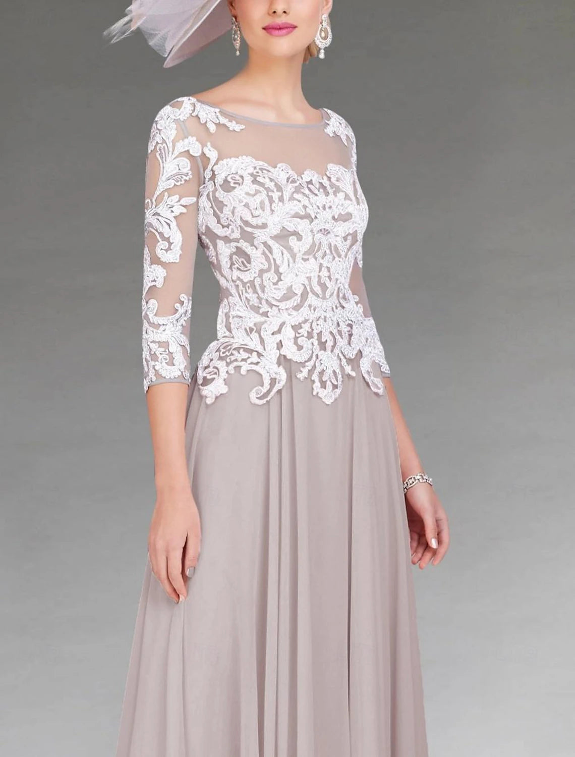 A-Line Mother of the Bride Dress Elegant Jewel Neck Asymmetrical Ankle Length Chiffon Lace 3/4 Length Sleeve