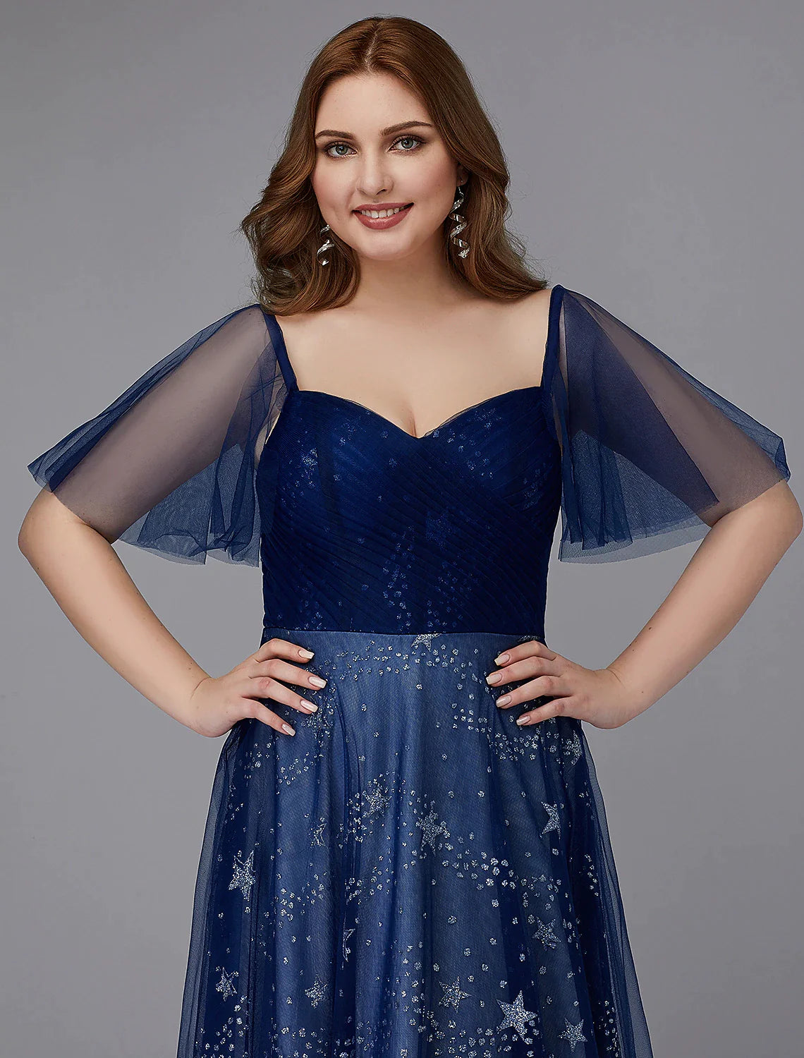 A-Line Plus Size Evening Dress Floor Length Short Sleeve Sweetheart Tulle Lace-up with Beading Pattern / Print