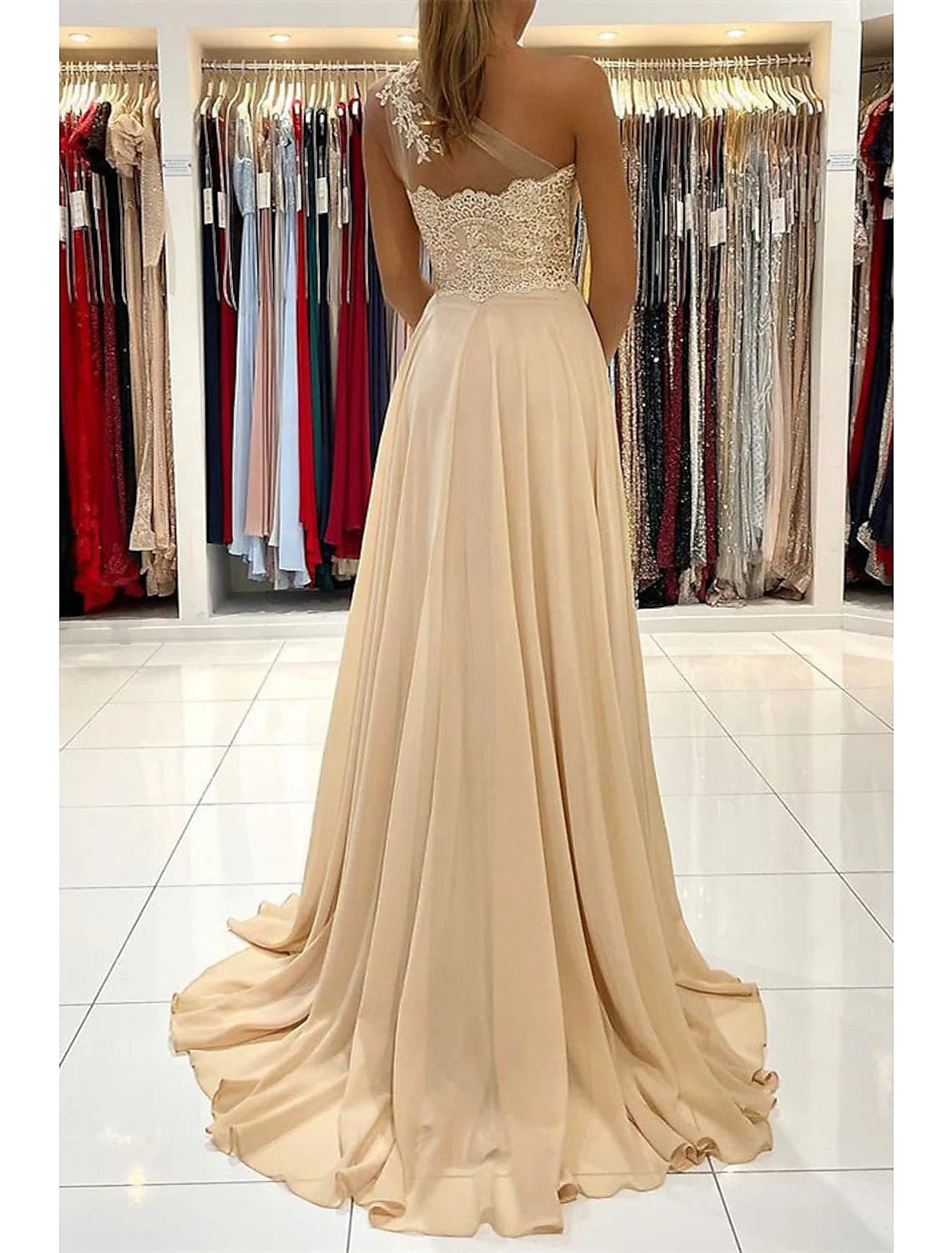 A-Line Prom Dresses Sexy Dress Formal Wedding Guest Court Train Sleeveless One Shoulder Chiffon