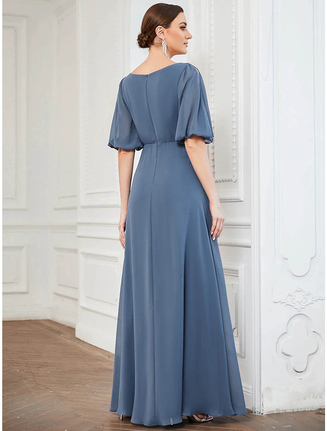 Evening Gown Minimalist Dress Wedding Guest Prom Floor Length Half Sleeve V Neck Chiffon with Pleats
