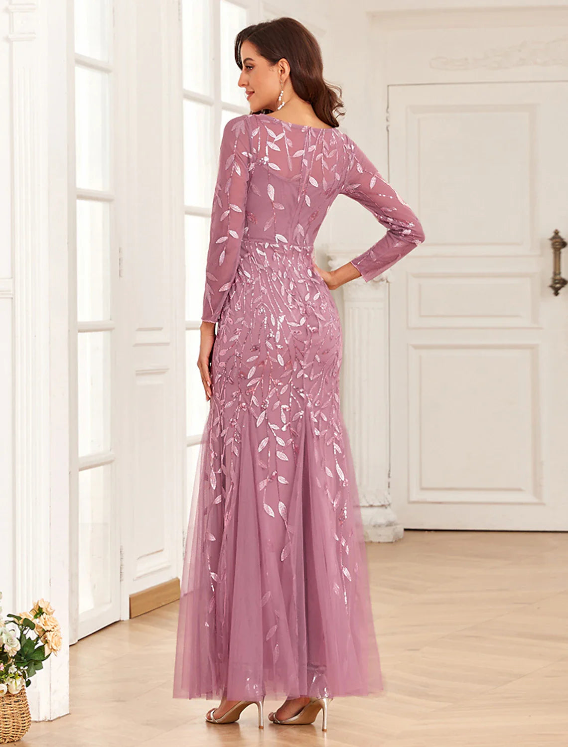 Evening Gown Elegant Dress Prom Floor Length Long Sleeve Jewel Neck Tulle with Embroidery