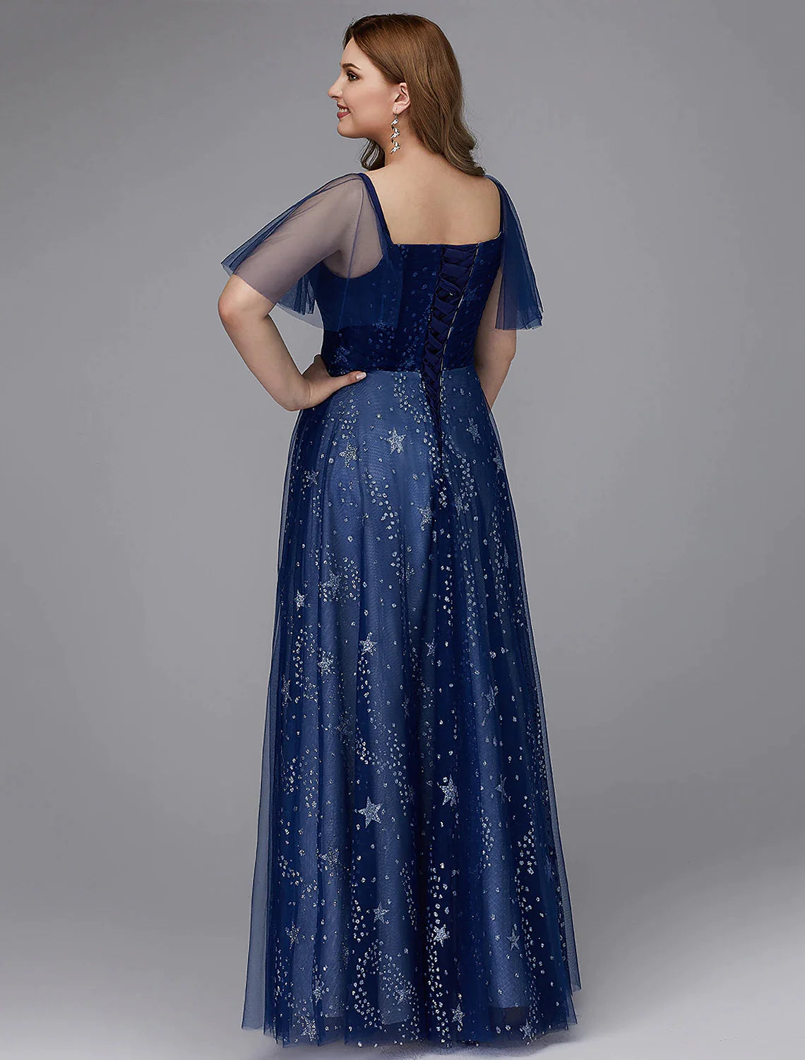 A-Line Plus Size Evening Dress Floor Length Short Sleeve Sweetheart Tulle Lace-up with Beading Pattern / Print