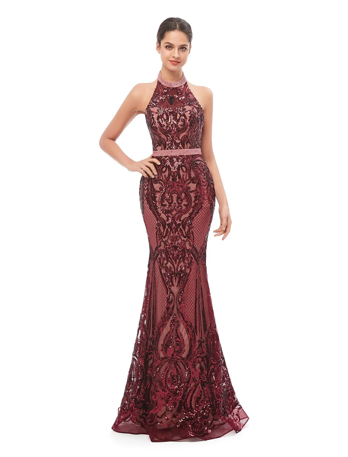 Evening Gown Beautiful Back Dress Prom Floor Length Sleeveless Halter Sequined with Sequin
