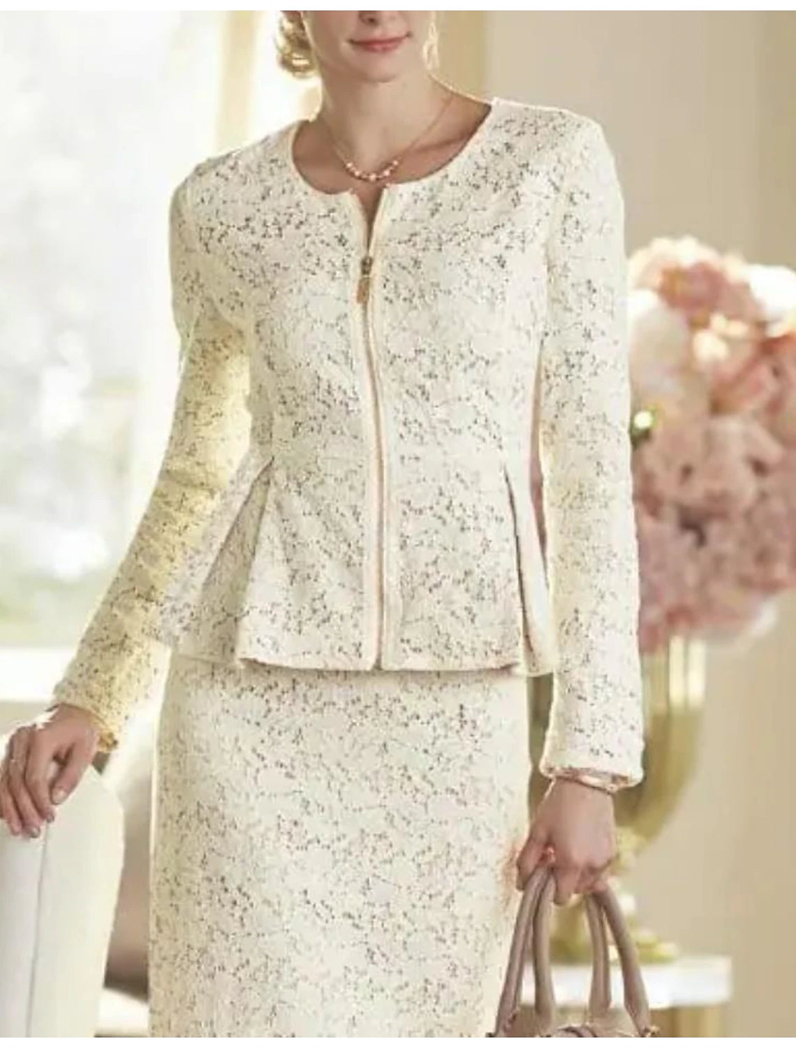 Two Piece Sheath / Column Mother of the Bride Dress Wedding Guest Elegant Party Scoop Neck Knee Length Lace Long Sleeve Wrap Included