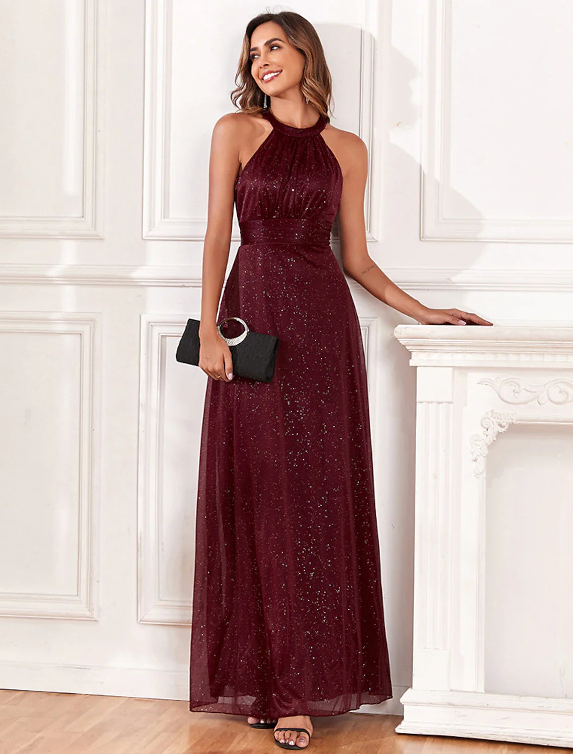 Evening Gown Empire Dress Evening Party Dress Wedding Reception Floor Length Sleeveless Halter Neck Polyester Backless V Back with Glitter