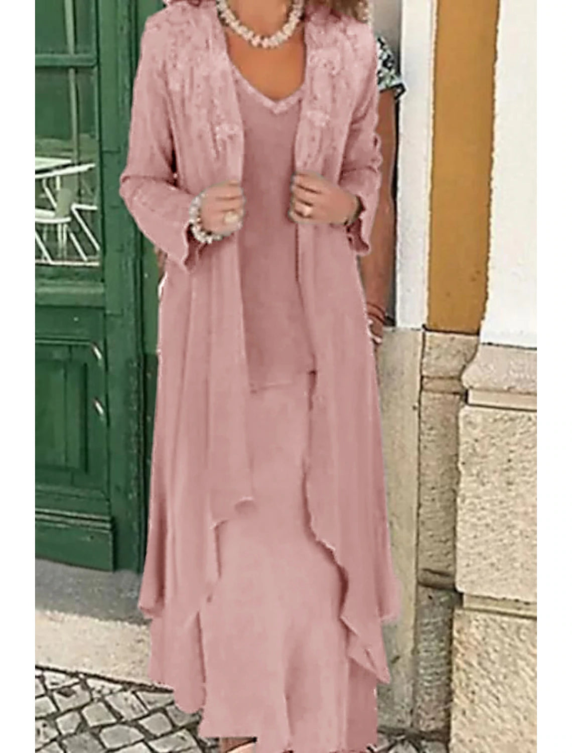 Two Piece A-Line Mother of the Bride Dress Formal Wedding Guest Elegant Plus Size Casual V Neck Floor Length Lace Linen Cotton Blend Sleeveless Jacket Dresses