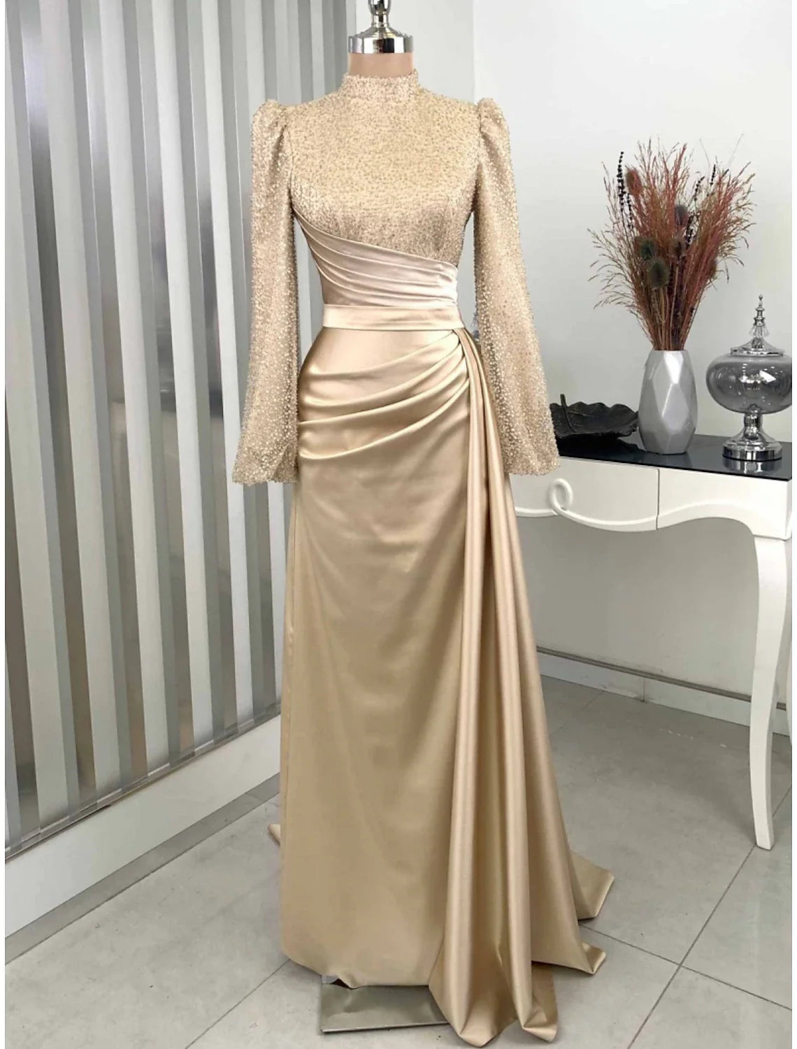 Evening Gown Champagne Christmas Elegant Dress Formal Sweep / Brush Train Long Sleeve High Neck Satin with Glitter Pleats Ruched