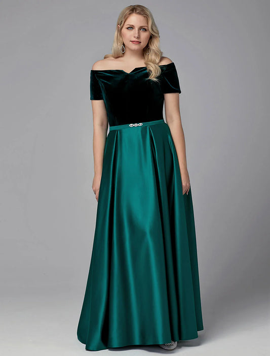 A-Line Evening Dresses Elegant Dress Wedding Guest Formal Evening Floor Length Short Sleeve Off Shoulder Satin with Crystals