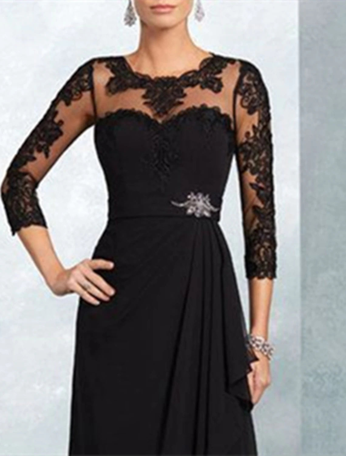A-Line Mother of the Bride Dress Wedding Guest Elegant Party Jewel Neck Floor Length Chiffon Lace 3/4 Length Sleeve