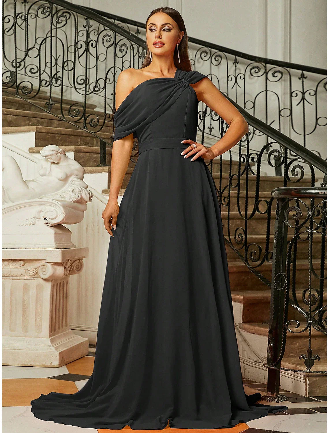 Evening Gown Elegant Dress Formal Wedding Guest Sweep / Brush Train Short Sleeve One Shoulder Stretch Fabric with Pleats Ruched